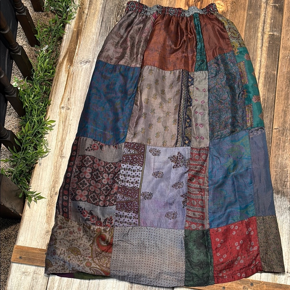 Vintage Silk by Silver Threads Patchwork Multicolor Maxi Skirt M/L